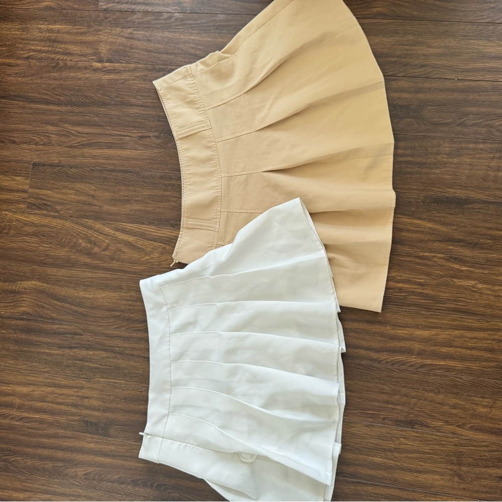 Beige and White Pleated Mini Skirts